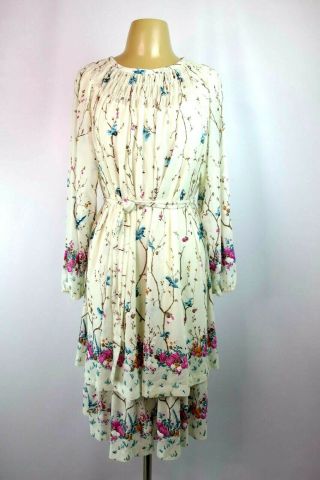 Vtg 70s Floral Pleated Prairie Dress Belt Tiered Bishop Sleeve L/xl Boho Hippie