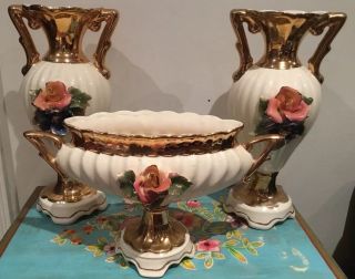 Magnificant Vintage Italian Garniture Set Gold Tone & 3 D Flowers