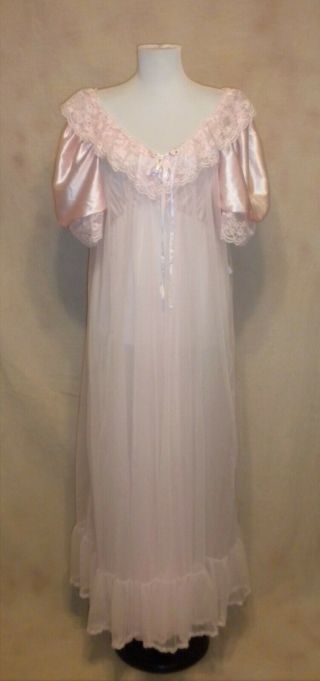 Vintage Tosca Pink Chiffon Rosebud Womens Nightgown & Robe Peignoir Set Sz M Euc
