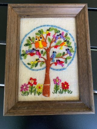 Vintage Crewel Bird Owl Tree Of Life Flowers Stitching Framed Wall Art