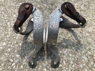Vintage Engraved Stainless Steel Western Riding Spurs W Champion Turf Straps