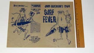 Vintage 1960 John Severson Surf Fever 2 Side Surfing Movie Poster Flyer