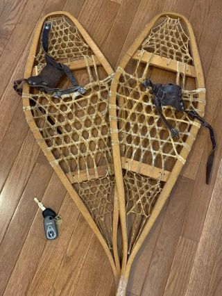 Vtg 53 " Snowshoes Ash Wood & Rawhide W Leather Bindings Lodge Cabin Décor