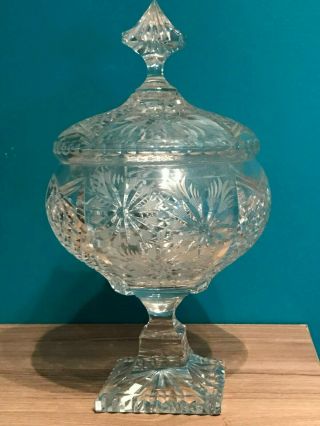 Large Vintage Lead Crystal Diamond Hand Cut Glass Compote Candy Dish With Lid