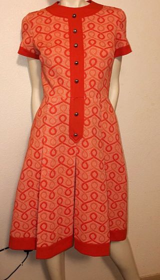 Vintage 1960’s R&k Knits Orange Geo Swirl Knit Dress Mod Ilgwu Label M