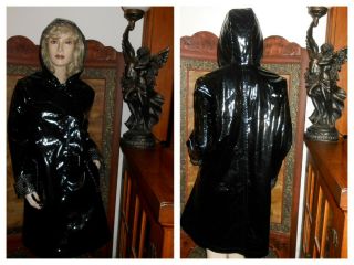 Vtg M Vinyl Raincoat Hooded Shiny Black Pvc Rain Jacket Pu Rain Slicker Trench