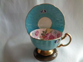 Vintage Aynsley Bone China Cup & Saucer Turquoise - Pink Flowers 2