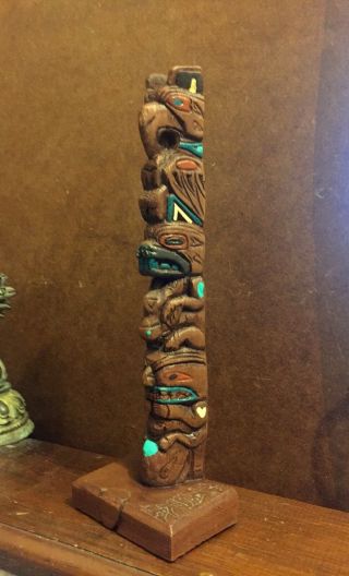 Vintage Native American Hand Carved Wood Totem Pole Alaska Signed Kiana