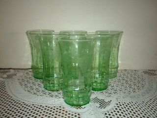 Vintage Green Vaseline Etched Grapes Depression Glass Set 6 Ice Tea Tumblers