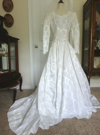 Vintage 1940s Satin Brocade Wedding Dress W/wax Flower Veil