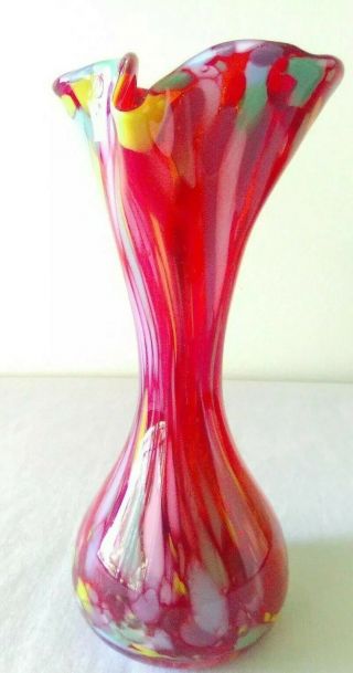 Vintage Murano Red Multi - Colored Blown Glass Art Glass Vase 7 "