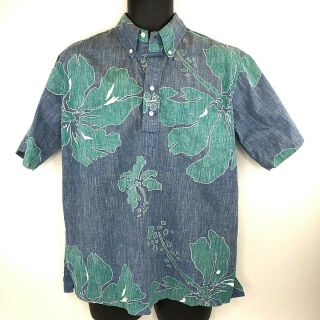 Reyn Spooner Mens Large Vintage Blue Green Floral Hawaiian Aloha Shirt Pullover