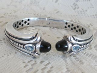 Vintage Sterling Silver 925 Black Onyx & Aquamarine Hinged Bracelet Heavy H1