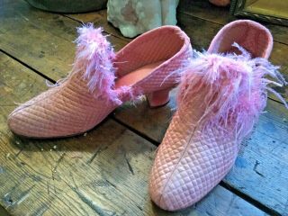 Vintage Quilted Pink Satin With Feathers Boudoir Bedroom Heeled Slippers Shoes
