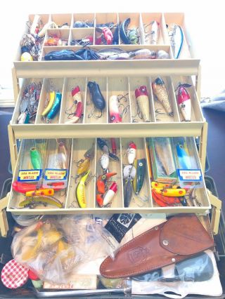 Tackle Box Chock Full Of Old Antique Fishing Lures And Much More -