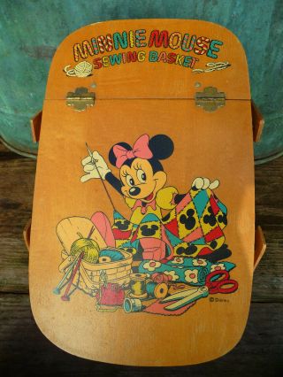 Vintage Disney Minnie Mouse Wooden Weave Sewing Basket W/ Pincushion 2 Handles