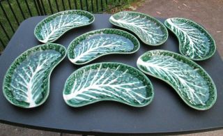 Secla Green Cabbage Leaf Salad Plates Set Of 8 Vintage Portugal Bone Dish P393