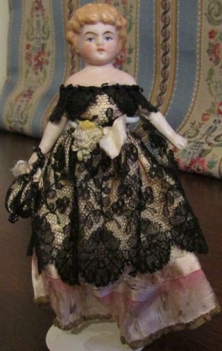 Antique 5 " German Bisque Closed Mouth Doll House Lady Doll W/original Outfit