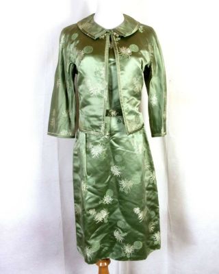 Vtg 50s 60s George Chen Green Silk Asian 2 Pc Mandarin Kimono Dress Talon Sz 36