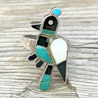 Quail Sterling Silver Turquoise Inlay Zuni Bird Peacock Ring Vintage Size 6.  5