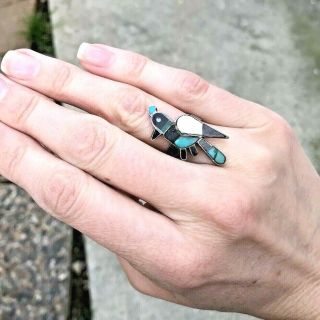 QUAIL Sterling Silver Turquoise Inlay Zuni BIRD Peacock Ring Vintage Size 6.  5 5