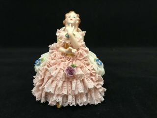 Vintage Dresden Porcelain White & Pink Lace Figurine Of Lady In Her Chair