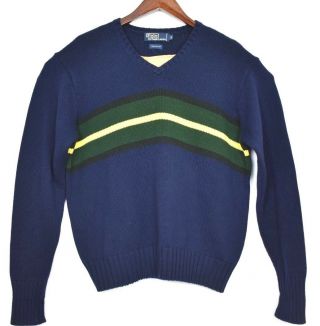 Vintage Polo Ralph Lauren Mens M Sweater Blue Striped V Neck 100 Cotton Euc