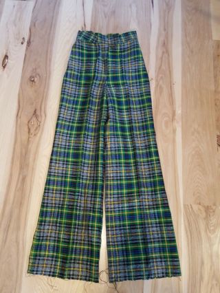Vintage 70s Blue Green Plaid Tartan Pants Womens Flare Leg Tall Highwaisted