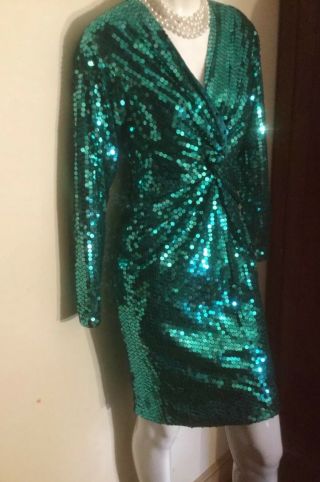 Vtg OLEG CASSINI Shimmering AQUA SEQUIN Cross Over Bodice Evening Party DRESS S 2