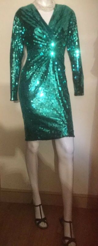 Vtg OLEG CASSINI Shimmering AQUA SEQUIN Cross Over Bodice Evening Party DRESS S 3