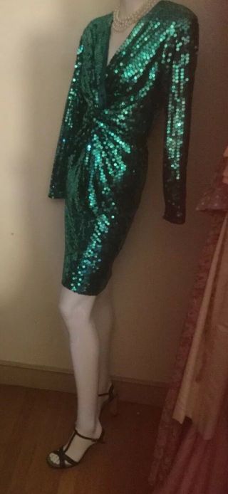 Vtg OLEG CASSINI Shimmering AQUA SEQUIN Cross Over Bodice Evening Party DRESS S 6