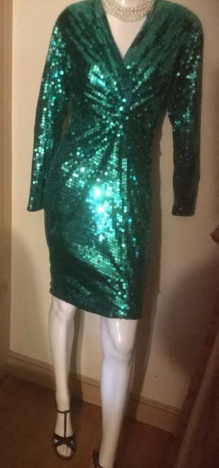 Vtg OLEG CASSINI Shimmering AQUA SEQUIN Cross Over Bodice Evening Party DRESS S 8