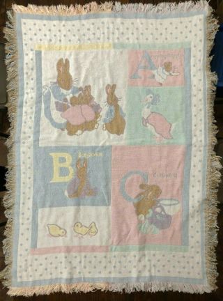 Vintage Quiltex Beatrix Potter Peter Rabbit Woven Jacquard Baby Blanket Throw
