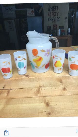 Vintage Bartlett Collins Glass Painted Fruits Gay Fad Pitcher With Tumblers