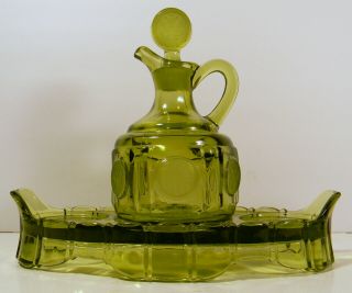 Vintage Fostoria Frosted Coin Glass Cruet And Serving Tray In Olive