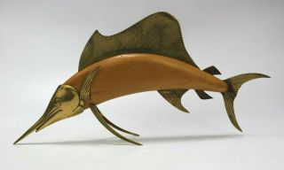Vtg Folk Art Heavy Brass/wood Swordfish Desktop Sculpture Frederick Cooper?