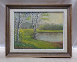 Signed Estate Found Vintage Pond And Aspen Trees Oil Painting On Board (framed)