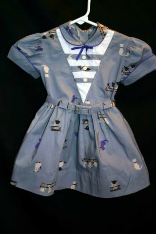 3t Toddler Girls Vtg 50s 60s Blue Gray Dress 3 Little Kittens Baby Child 1950s