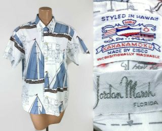 Vintage 50s 60s Duke Kahanamoku Hawaiian Shirt Rare Sailboat Blueprints Cisco M