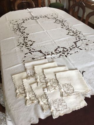 Wonderful Vintage Madeira Tablecloth & 8 Napkins Cutwork & Embroidery 80x66
