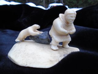 Canadian Vintage First Nation Hand Carved Arctic Art Swivel Polar Bear Man Rock