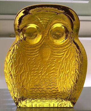Vintage Mid Century Blenko Joel Myers Yellow Art Glass Owl Bookend