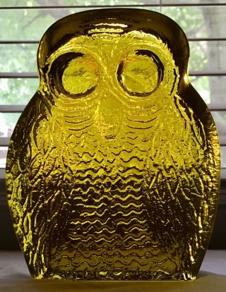 Vintage Mid Century Blenko Joel Myers Yellow Art Glass Owl Bookend 2