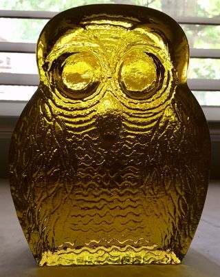 Vintage Mid Century Blenko Joel Myers Yellow Art Glass Owl Bookend 4