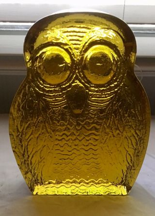 Vintage Mid Century Blenko Joel Myers Yellow Art Glass Owl Bookend 7