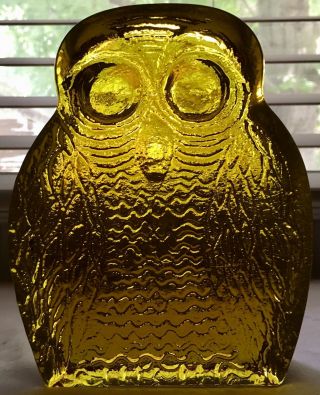 Vintage Mid Century Blenko Joel Myers Yellow Art Glass Owl Bookend 8
