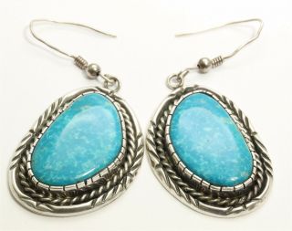 Vintage Navajo Signed Lh Sterling Silver Large Waterweb Blue Turquoise Earrings