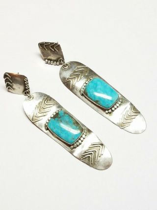 Vintage Native American 925 Sterling Silver Turquoise 2.  75 " Dangle Earrings
