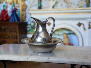 Antique French Dollhouse Miniature Sterling Silver Wash Bowl & Pitcher 1:12