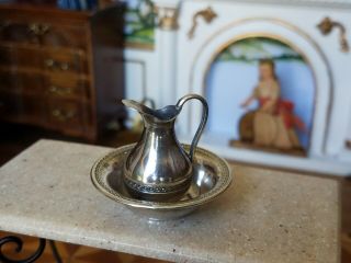 Antique French Dollhouse Miniature Sterling Silver Wash Bowl & Pitcher 1:12 2